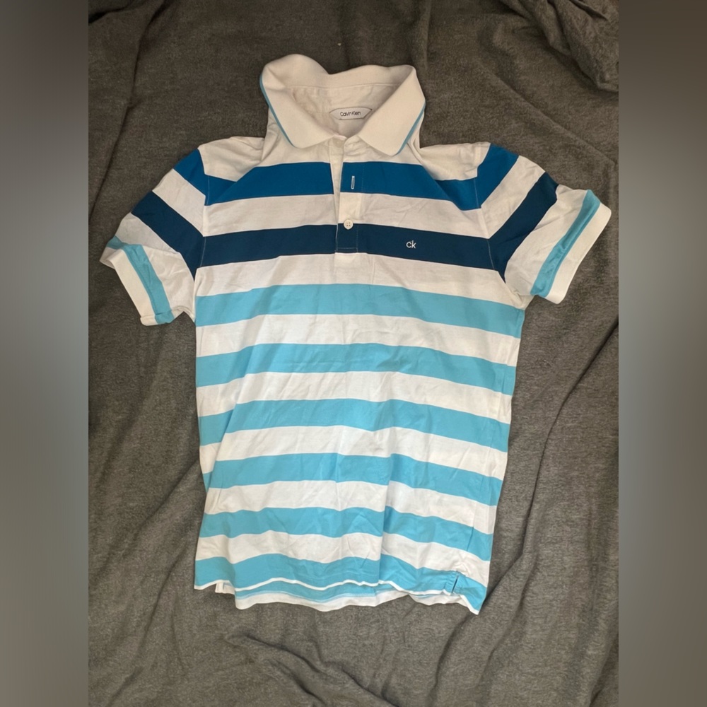 Mens Calvin Klein White and Blue Striped Polo shirt Short Sleeve Adult Small